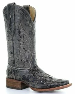 Women's Corral Distress Black With Python Inlays Square Toe Boots - A2402