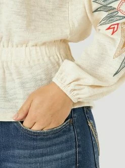 Ladies Wrangler Retro Gathered Waist Embroidered Sleeve Top - 112317752 - FINAL SALE -Nigro's Western Store 112317752 ALT2