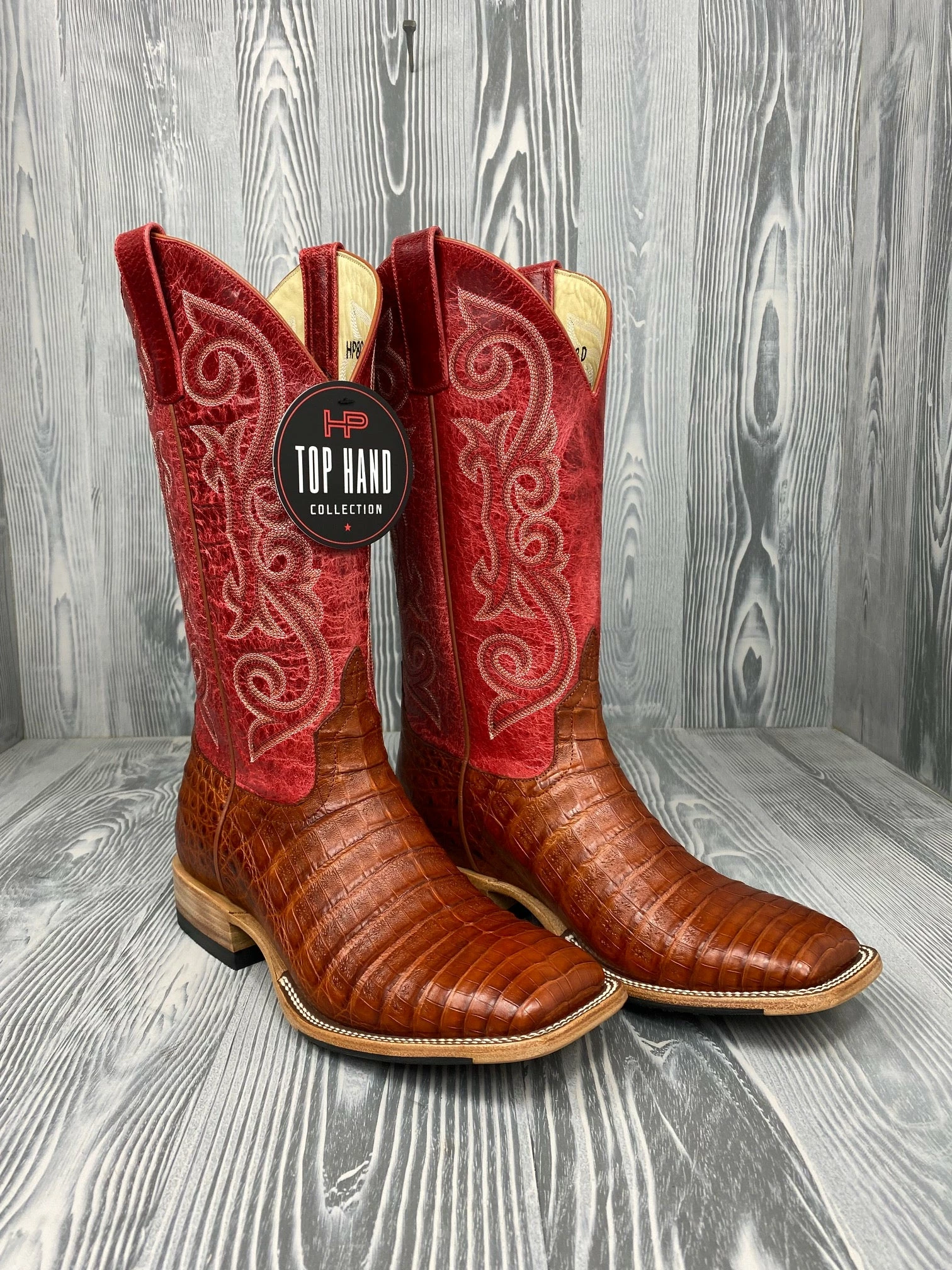 Men's Horse Power Top Hand Brandy Caiman Belly with 13" Red Sinsation Tops - HP8003 Men's Horse Power Top Hand Brandy Caiman Belly With 13" Red Sinsation Tops - HP8003 -Nigro's Western Store IMG 7067