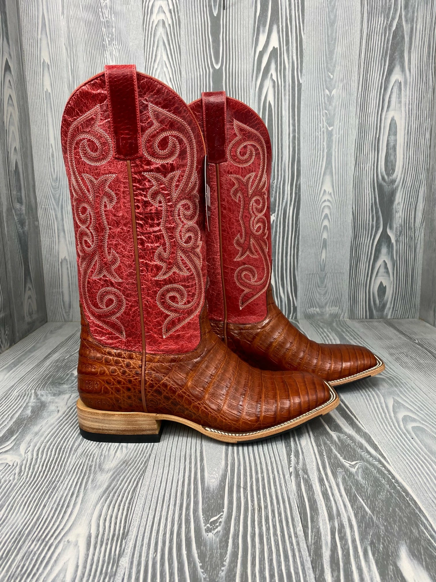 Men's Horse Power Top Hand Brandy Caiman Belly with 13" Red Sinsation Tops - HP8003 Men's Horse Power Top Hand Brandy Caiman Belly With 13" Red Sinsation Tops - HP8003 -Nigro's Western Store IMG 7068