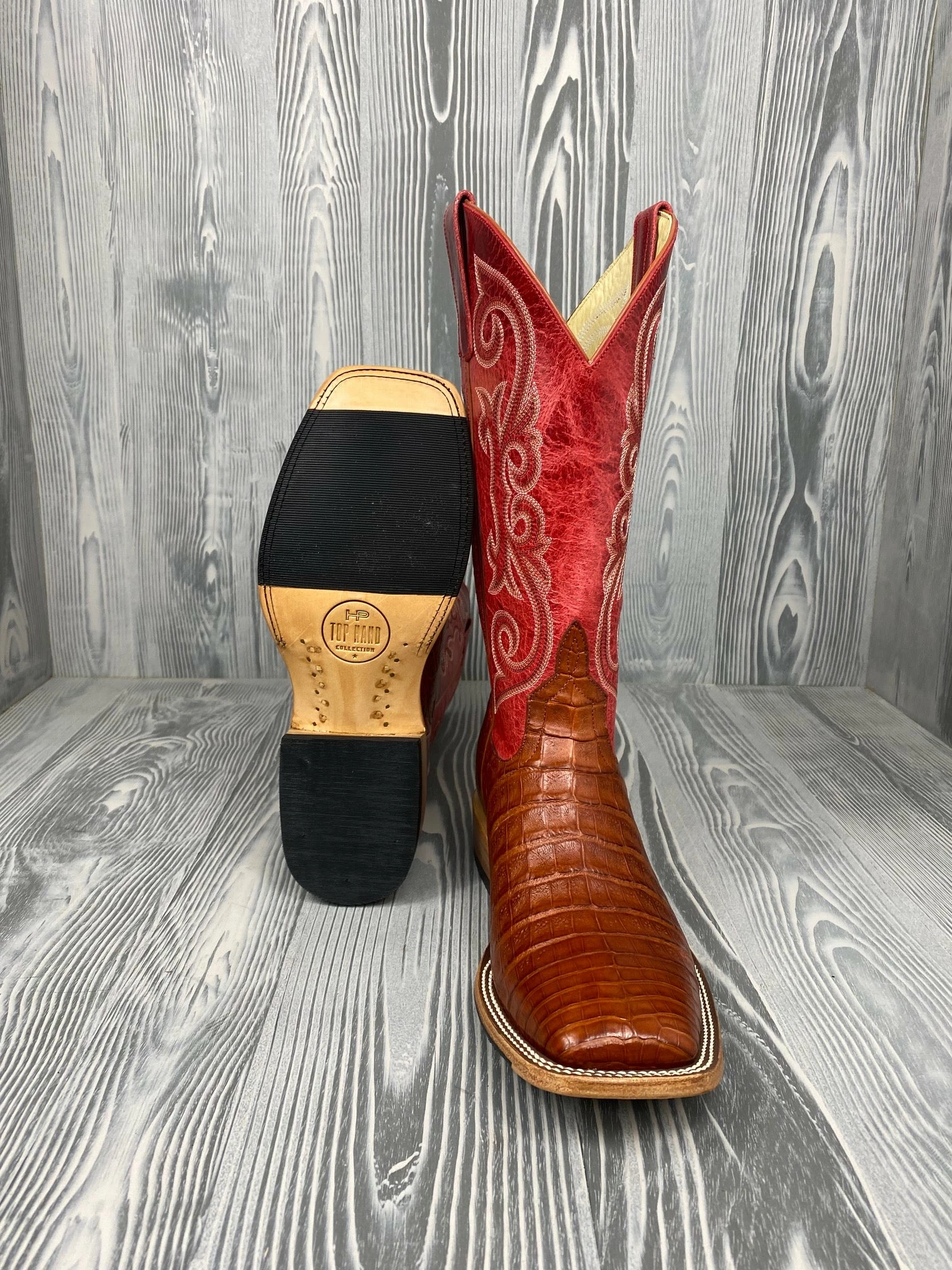 Men's Horse Power Top Hand Brandy Caiman Belly with 13" Red Sinsation Tops - HP8003 Men's Horse Power Top Hand Brandy Caiman Belly With 13" Red Sinsation Tops - HP8003 -Nigro's Western Store IMG 7069