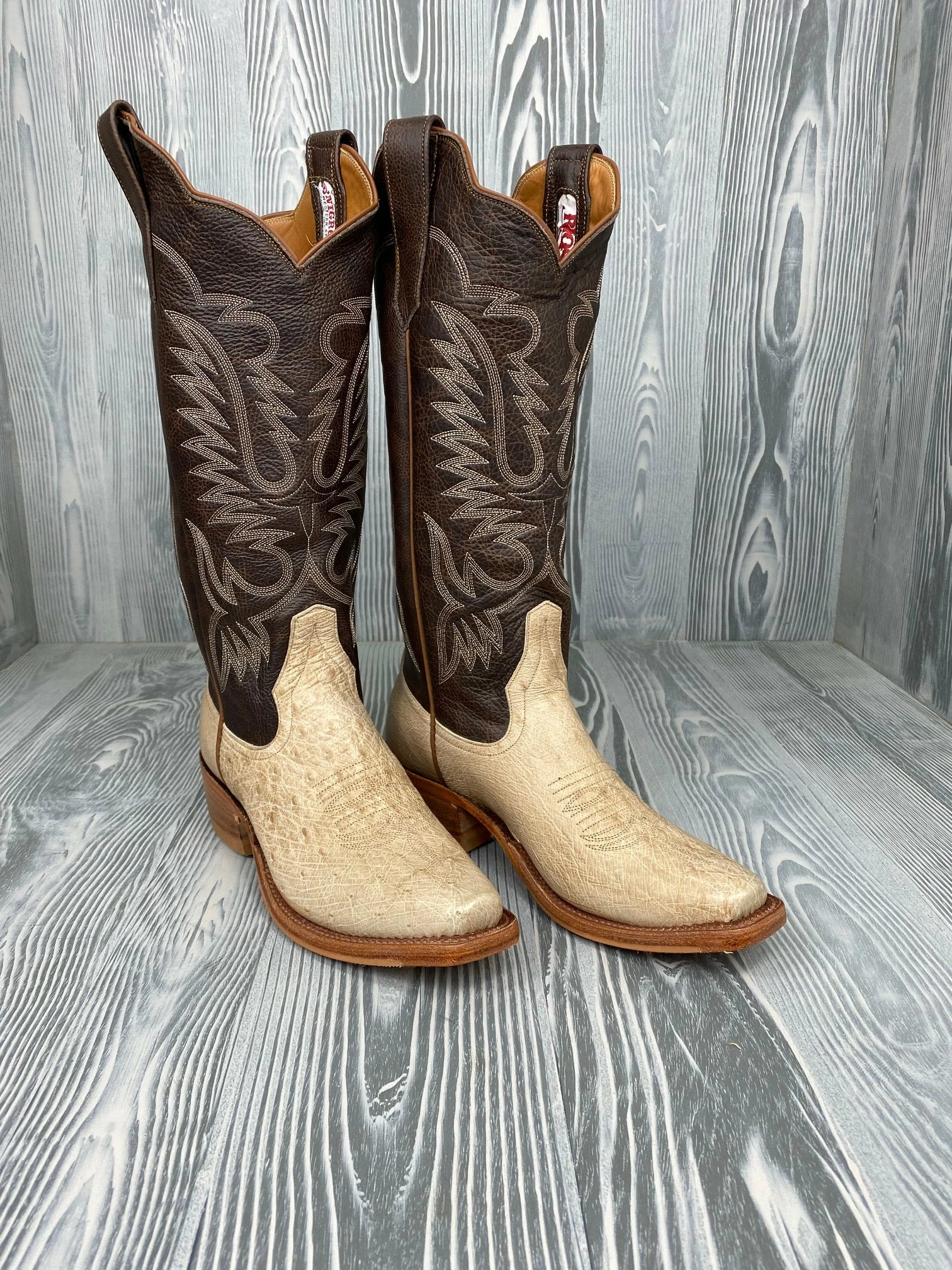 Women's Tan Vintage Smooth Quill Ostrich with 14" Texas Outlaw Tops RIOS OF MERCEDES Women's Tan Vintage Smooth Quill Ostrich With 14" Texas Outlaw Tops -Nigro's Western Store IMG 7145