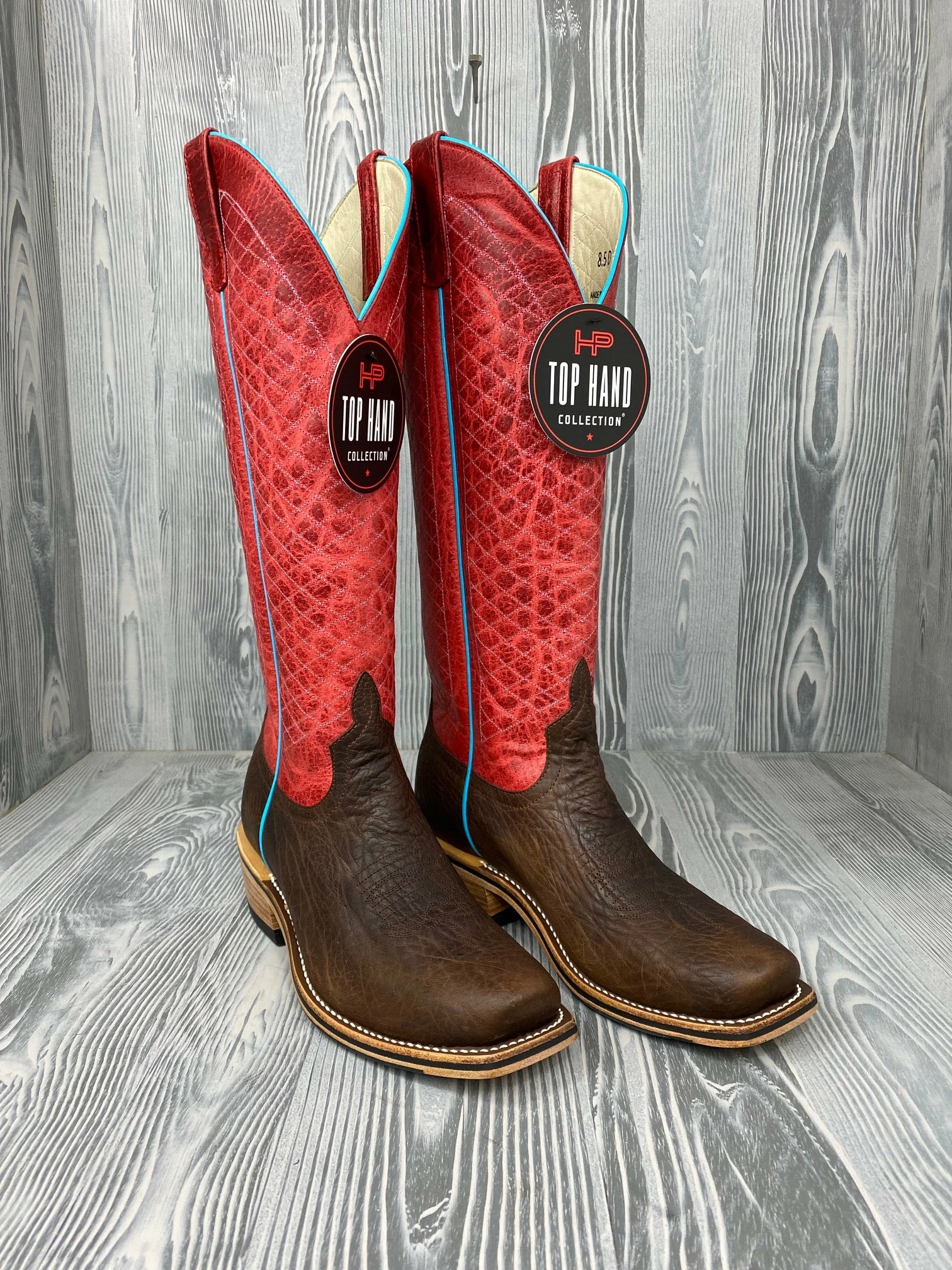 Men's Horse Power Top Hand Brown Shrunken Shoulder with 16" Red Sinsation Tops - HP9507 Men's Horse Power Top Hand Brown Shrunken Shoulder With 16" Red Sinsation Tops - HP9507 -Nigro's Western Store IMG 8133