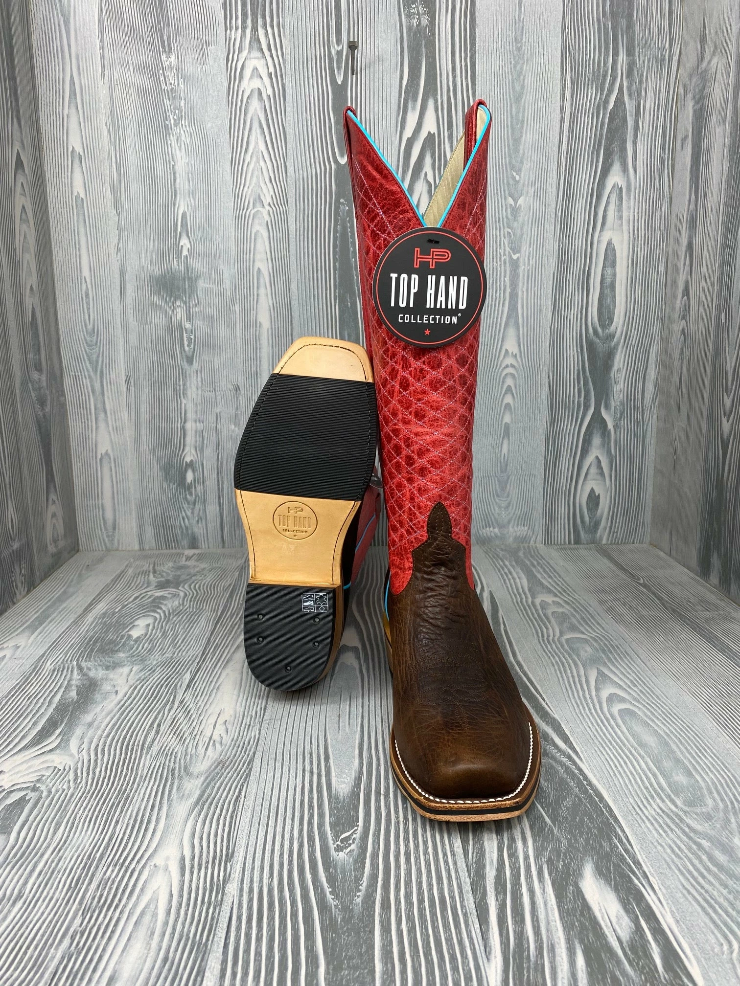 Men's Horse Power Top Hand Brown Shrunken Shoulder with 16" Red Sinsation Tops - HP9507 Men's Horse Power Top Hand Brown Shrunken Shoulder With 16" Red Sinsation Tops - HP9507 -Nigro's Western Store IMG 8135 1