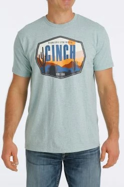 Men's CINCH Heather Turquoise Sunset Logo Graphic Short Sleeve T-Shirt - 1690496