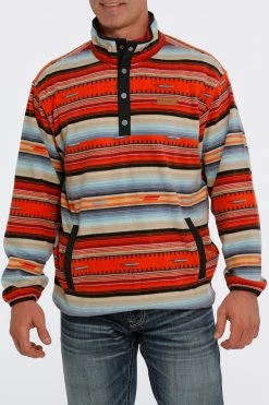 Men's Cinch Polar Fleece Pullover In Orange Serape Blue Stripe - MWK1514013 - FINAL SALE