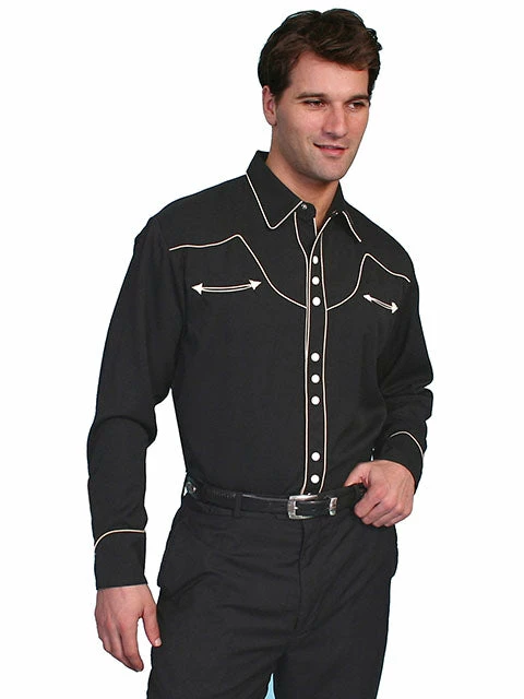 Scully Men's Western Apparel - Solid Black / Cream Piping Shirt - P620 Scully Men's Western Apparel - Solid Black / Cream Piping Shirt - P620 -Nigro's Western Store P 620 preview