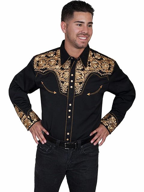 Scully Men's Gold Embroidered Gunfighter Long Sleeve Western Shirt- P634 1 Scully Men's Gold Embroidered Gunfighter Long Sleeve Western Shirt- P634