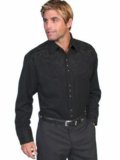 Nigro's Western Store #1 Men's Scully Jet Black Floral Tooled Embroidered Shirt - P634