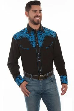 Men's Scully Royal Blue Embroidered Gunfighter Long Sleeve Western Shirt- P634