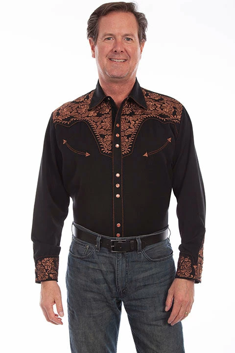 Men's Scully Floral Tooled Embroidered Long Sleeve Snap Shirt - P634 1 Men's Scully Floral Tooled Embroidered Long Sleeve Snap Shirt - P634