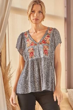 Ladies Savanna Jane Printed BabyDoll Embroidered Top - T10813