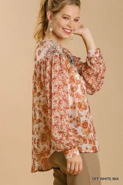 Ladies Umgee Mixed Print Split Neck Top And High Low Hem - A0507 -Nigro's Western Store a0507 off white mix 3