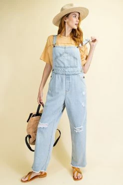 Easel Los Angeles Ladies Easel Self Distressed Washed Denim Overalls - EB41041