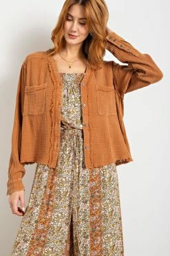 Easel Los Angeles Ladies Easel Mineral Washed Cotton Gauze Shirt - ET17834 -Nigro's Western Store et17834 camel v2 7