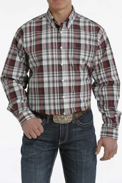 Cinch Men's Plaid Button-Down Western Shirt In Burgundy/White/Black - MTW1105321