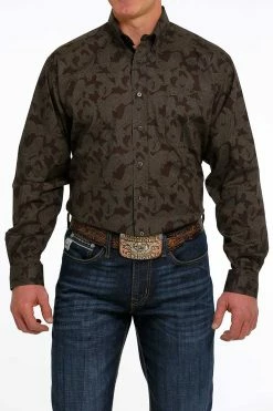 Men's Cinch Green/Brown Paisley Print Button Down Western Shirt - MTW1105489
