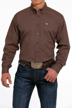 Men's Cinch Geometric Brown/Khaki Button Down Western Shirt - MTW1105492